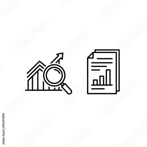 Business intelligence and BI report icons showing growth charts and analysis tools
