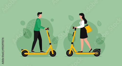 Man and woman riding electric scooters facing each other on green background.