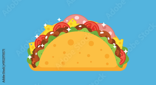 Delicious Mexican Taco with Tomatoes and Lettuce on Blue Background.