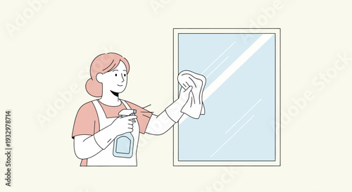 Diligent woman performing domestic cleaning routine, meticulously wiping a reflective surface with spray and cloth for pristine home hygiene