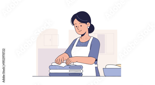 A woman in an apron folding laundry with a basket of clothes nearby, illustration of domestic chores