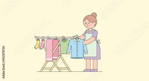 Woman hanging laundry on a drying rack, illustrating a domestic chore with clean clothes and efficient air-drying process for fresh garments