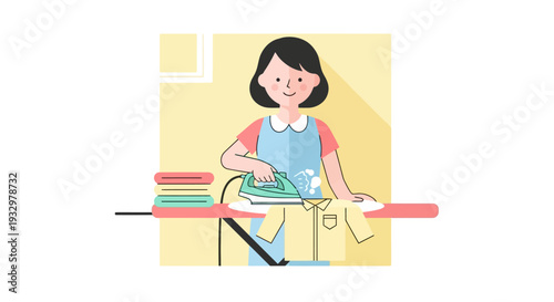 Dedicated woman expertly irons crisp clothes on an ironing board, managing everyday domestic tasks and household duties with a cheerful demeanor in this charming illustration