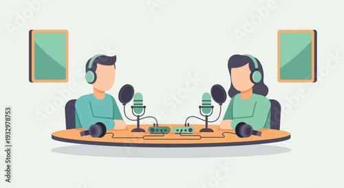 Illustration of two podcast hosts creating digital audio content with microphones and headphones, representing the concept of online broadcasting and communication