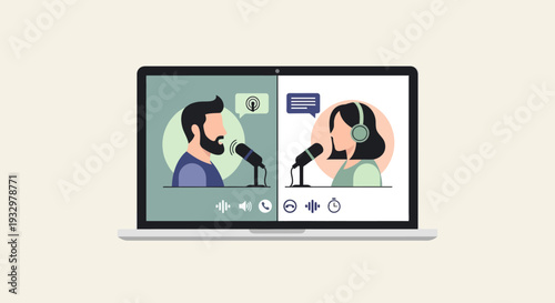 Podcast illustration, people interviewing each other online via laptop, audio recording