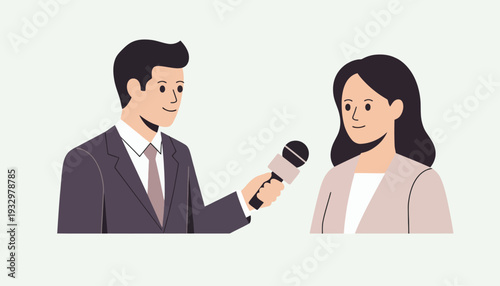 Professional media interview featuring a male journalist with a microphone and a female interviewee, illustrating modern communication and news reporting dialogue