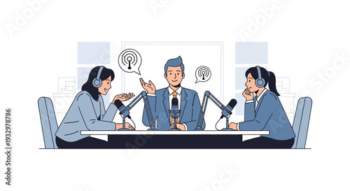Professional podcast recording session with diverse hosts engaging in a lively discussion about current events and technology trends, captured in a modern studio setting for digital content creation