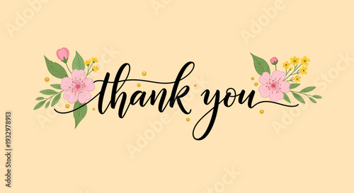 Floral thank you card with pink flowers and green leaves.