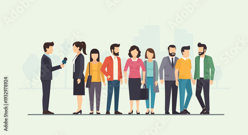 Professional news reporter conducting a public interview with a woman, while a diverse group of people observes, symbolizing modern media communication and social engagement