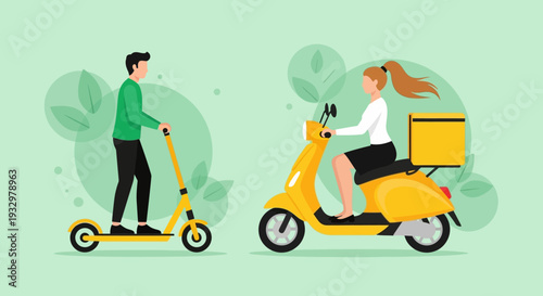 Man on electric scooter and woman on motor scooter delivering packages.