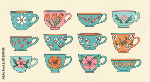 Assorted decorative teacups with floral patterns and pastel colors.