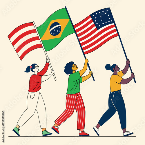 Illustration of three women from different backgrounds holding flags of brazil and united states to honor pan american day and continental friendship