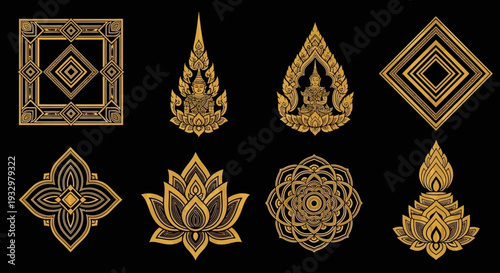 Collection of traditional Thai gold designs on a black background.