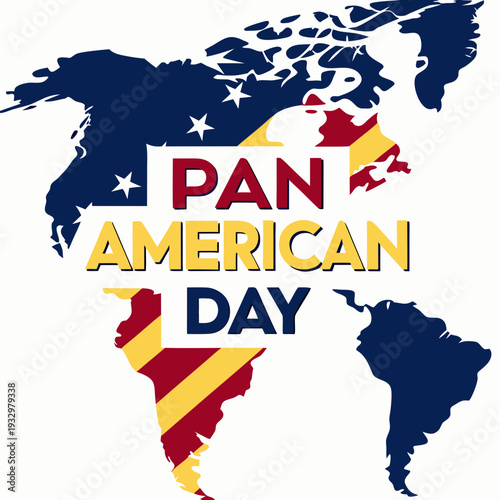Pan american day concept with map of north and south america stylized with flags and stars on white background representing the entire hemisphere