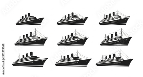 Nine vintage cruise ships in a row, black and white illustration, travel concept.