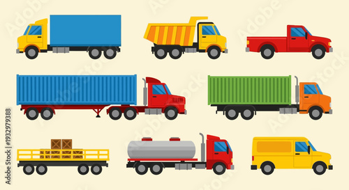 Various colorful trucks and trailers for transportation and logistics.