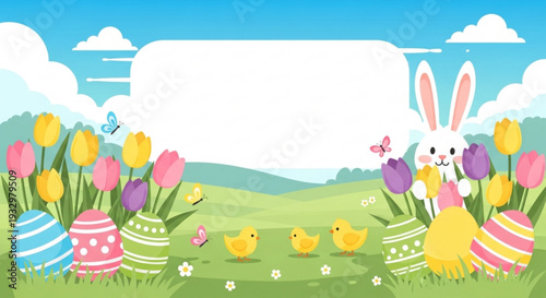Easter bunny and chicks in colorful spring garden with flowers eggs and butterflies on sunny day