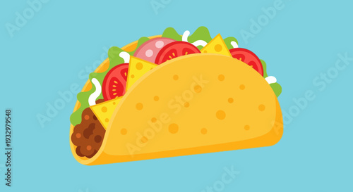 A vibrant cartoon taco filled with beef, cheese, tomatoes, and lettuce on a blue background.