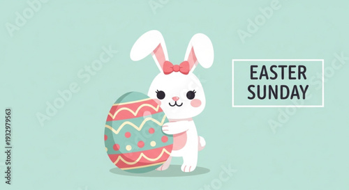 Cute white easter bunny with pink bow holding large decorated egg on easter sunday