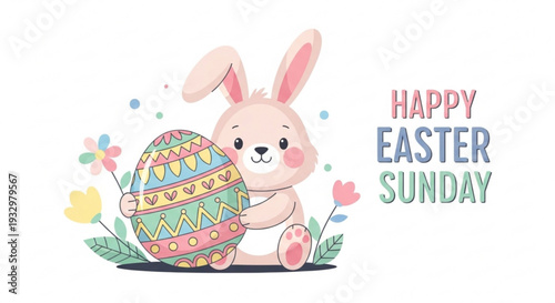 Cute easter bunny holding colorful egg with flowers and happy easter sunday text