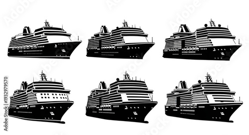 Six cruise ships in black and white, ready for travel and adventure on the sea.