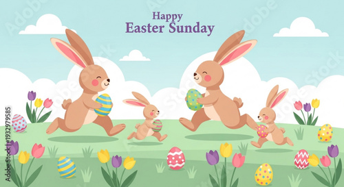 Four cute brown bunnies running with easter eggs on green grass with colorful flowers and clouds