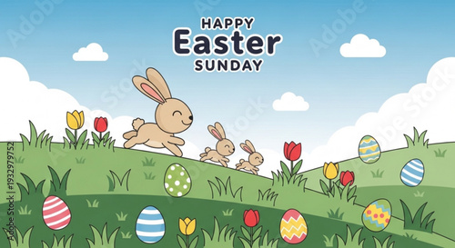 Three easter bunnies running on green hills with colorful eggs and flowers on easter sunday