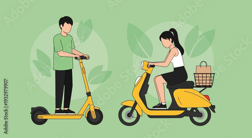 Man and woman riding yellow electric scooters with shopping basket.