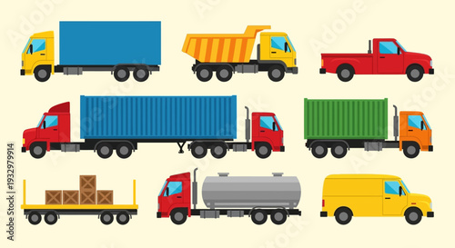 Collection of Various Trucks and Trailers for Transportation and Logistics.