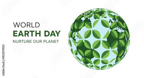 World earth day nurture our planet ecology globe with green leaves on white background
