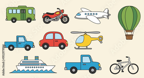 Various modes of transportation and vehicles illustration.