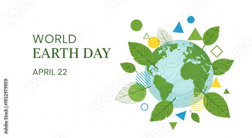 Earth day celebration with green leaves and globe on white background