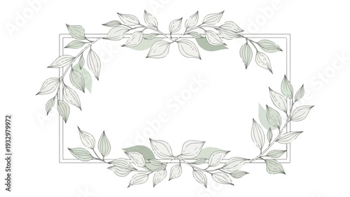 Illustration of a rectangular frame adorned with green and gray leaves on a white background in a floral pattern.
