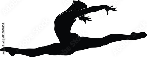 Silhouette of female gymnast performing a leap split in the air, rhythmic gymnastics athlete action vector icon for sports posters.