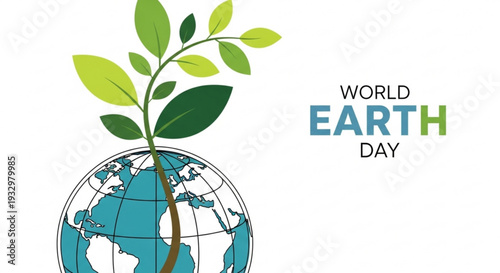 World earth day illustration with green plant growing out of globe on white background
