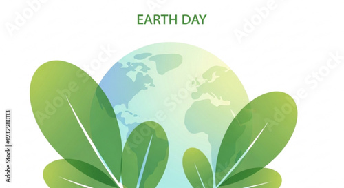 Earth day illustration with green leaves and globe on white background symbolizing environmental conservation and sustainability