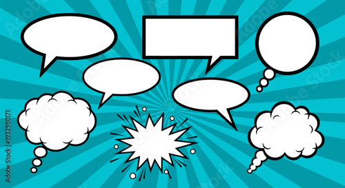 Cartoon speech bubbles and explosion on blue background.