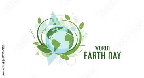 World earth day logo with green globe and leaves on white background symbolizing environmental awareness and sustainability