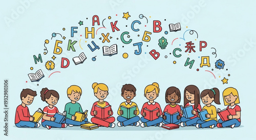 Diverse group of children sitting in a row reading books with letters and symbols floating above their heads in a colorful educational setting