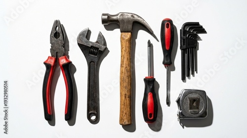 Hand tools set on white background, pliers wrench hammer and screwdrivers for home repair and diy projects, clean studio flat lay for hardware store ads and Fathers Day