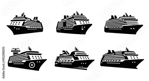 Six cruise ships in black and white, perfect for travel and tourism.
