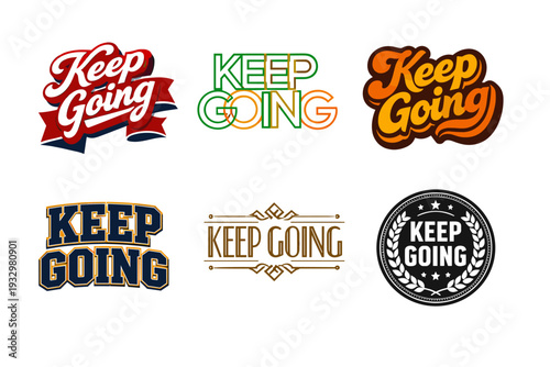 Colorful keep going logos in various styles and fonts