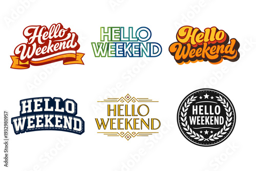 Colorful weekend logos in various styles and designs