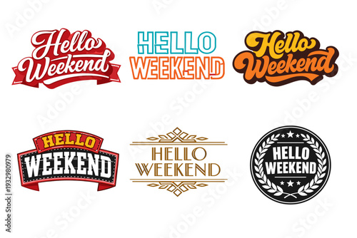 Colorful hello weekend logos in various artistic styles and designs