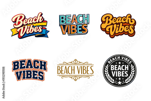 Colorful variations of beach vibes logos in retro and modern styles