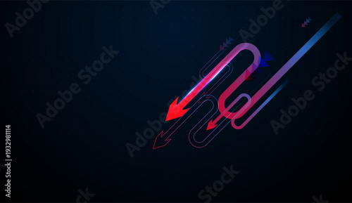 A Down arrows streak across the dark digital background, symbolizing a sudden fall in technology, Finance, and Business markets. Glowing red arrows point Down
