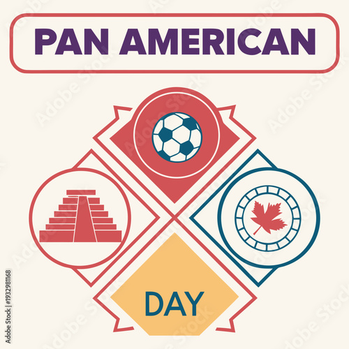 Pan american day concept vector illustration, soccer ball, pyramid, and canadian leaf in rhombus shapes, celebration design