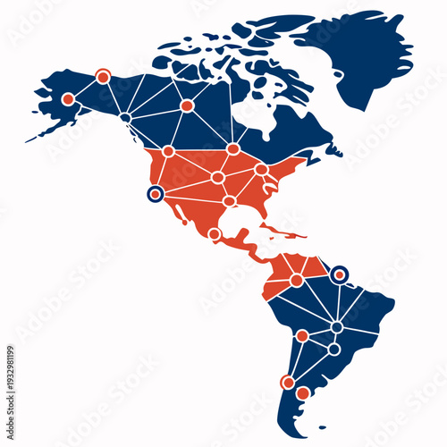 United States and Canada map, network connections, regional divisions in blue and red, abstract visualization of connectivity and data flow