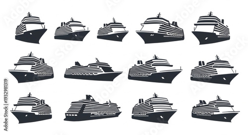 Collection of cruise ships in various perspectives, black and white illustrations.