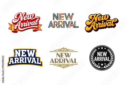 Diverse new arrival logos: vibrant collection of various styles and designs